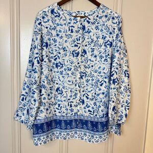 Joie 100% Linen Blue and White Floral Porcelain Print Button Down Shirt 1X